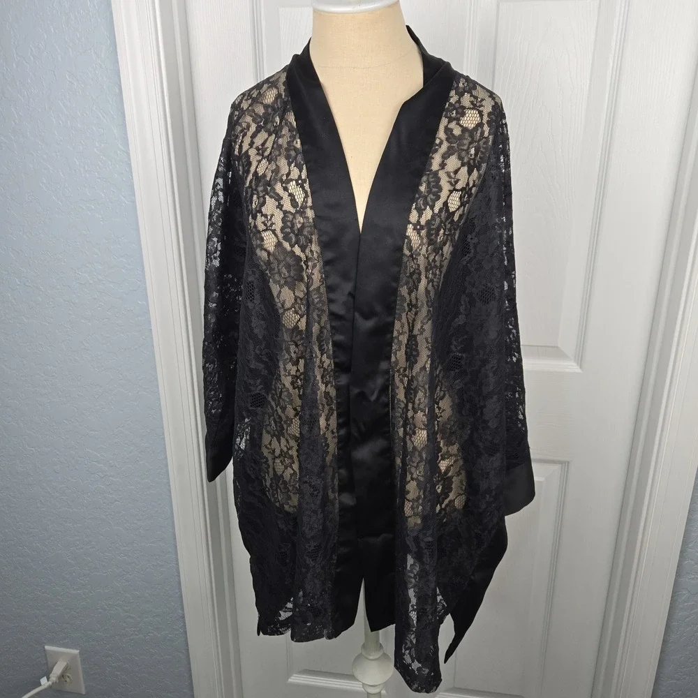 Victoria's Secret Gold Label‎ Vtg Black Satin And Lace Kimono Robe One Size